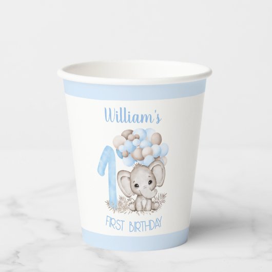 Eerste geboortecups met Cute Elephant Blue Papieren Bekers (Voorkant)