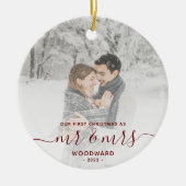 Eerste gehuwd kerstcadeau, aangepast foto, rood sc keramisch ornament (Voorkant)