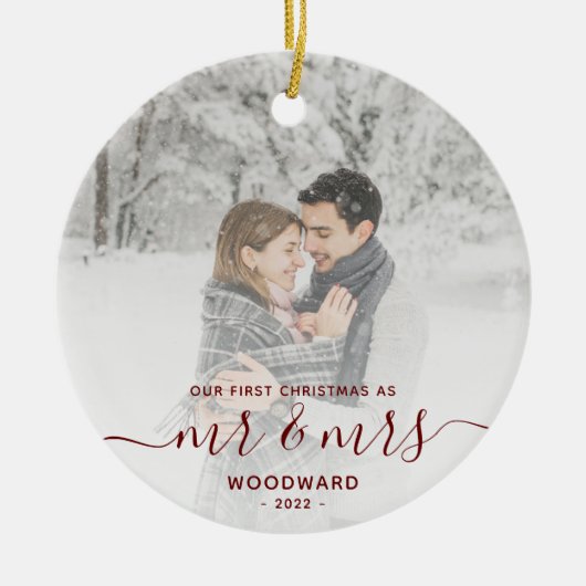 Eerste gehuwd kerstcadeau, aangepast foto, rood sc keramisch ornament (Voorkant)