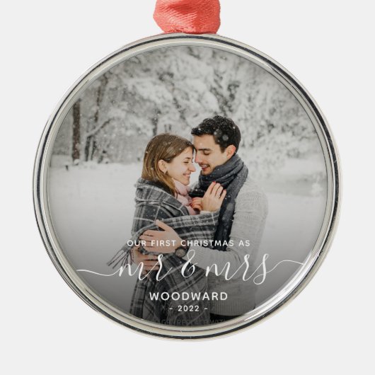 Eerste gehuwd kerstcadeaufotowitboek metalen ornament (Voorkant)