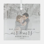 Eerste gehuwde Kerstmis Aangepast Foto Grijs Manus Glas Ornament (Voorkant)