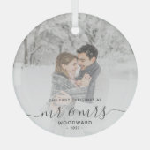 Eerste gehuwde Kerstmis Aangepast Foto Grijs Manus Glas Ornament (Voorkant)