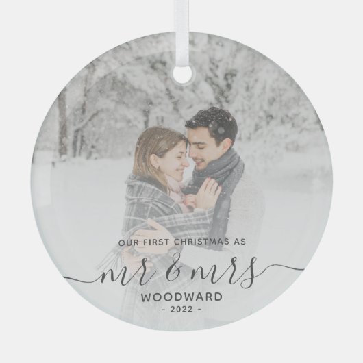 Eerste gehuwde Kerstmis Aangepast Foto Grijs Manus Glas Ornament (Voorkant)