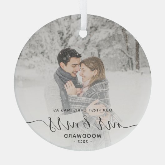 Eerste gehuwde Kerstmis Aangepast Foto Grijs Manus Glas Ornament (Achterkant)