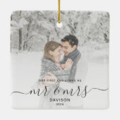 Eerste gehuwde Kerstmis Aangepast Foto Grijs Manus Keramisch Ornament (Achterkant)