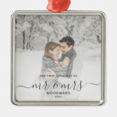 Eerste gehuwde Kerstmis Aangepast Foto Grijs Manus Metalen Ornament (Voorkant)