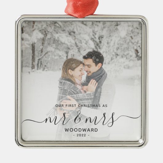 Eerste gehuwde Kerstmis Aangepast Foto Grijs Manus Metalen Ornament (Voorkant)