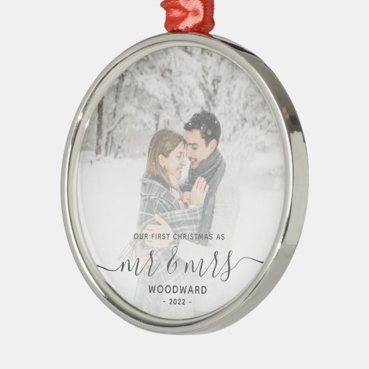 Eerste gehuwde Kerstmis Aangepast Foto Grijs Manus Metalen Ornament (Links)