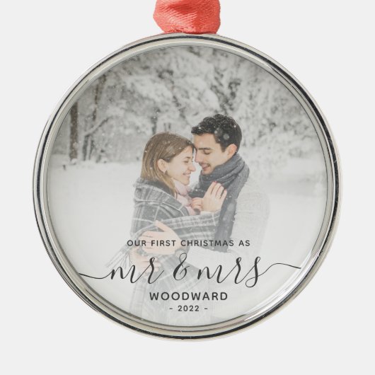 Eerste gehuwde Kerstmis Aangepast Foto Grijs Manus Metalen Ornament (Voorkant)