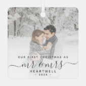 Eerste gehuwde Kerstmis Aangepast Foto Grijs Manus Metalen Ornament (Achterkant)