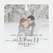 Eerste gehuwde Kerstmis Aangepast Foto Grijs Manus Metalen Ornament (Voorkant)