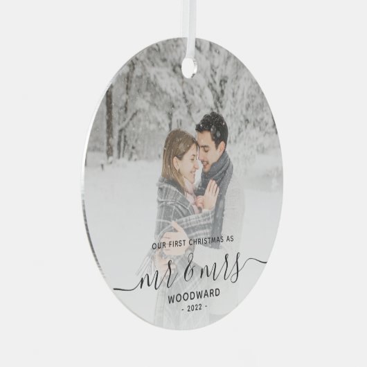 Eerste gehuwde Kerstmis Aangepast Foto Grijs Manus Metalen Ornament (Voorkant Rechts)