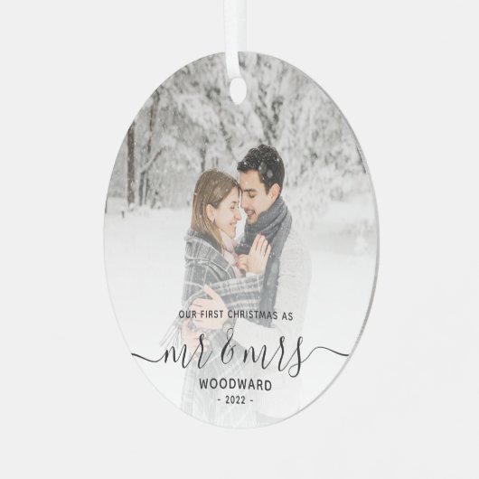 Eerste gehuwde Kerstmis Aangepast Foto Grijs Manus Metalen Ornament (Voorkant links)