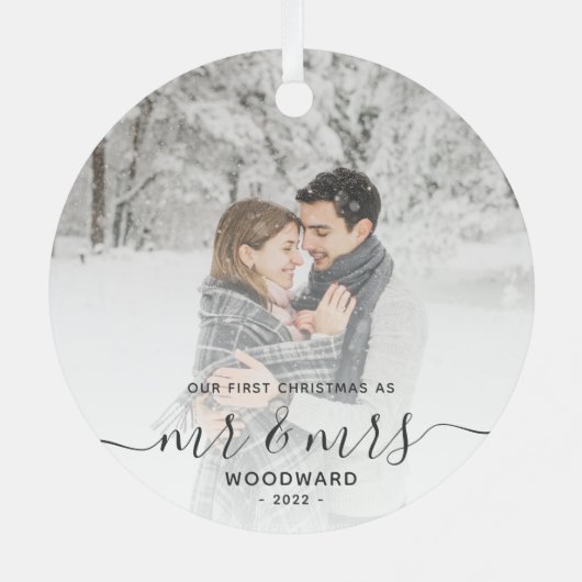 Eerste gehuwde Kerstmis Aangepast Foto Grijs Manus Metalen Ornament (Achterkant)