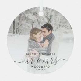 Eerste gehuwde Kerstmis Aangepast Foto Grijs Manus Metalen Ornament
