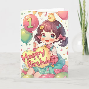 Eerste gelukkige verjaardag anime meisje feestdagen kaart
