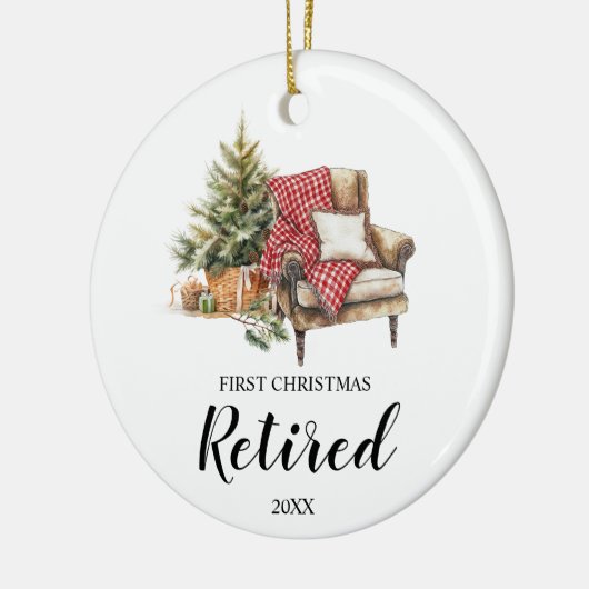 Eerste gepensioneerde kerstcadeau keramisch ornament (Links)