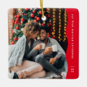 Eerste getrouwd Kerstmis twee foto eenvoudig rood Keramisch Ornament (Voorkant)