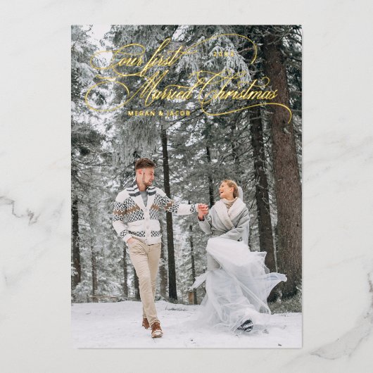 Eerste getrouwde kerst  vakantiefoto folie feestdagenkaart (Voorkant)