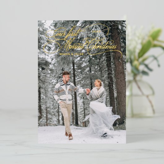Eerste getrouwde kerst  vakantiefoto folie feestdagenkaart (Staand Voorkant)