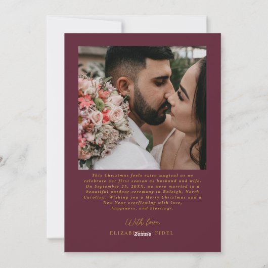 Eerste getrouwde kerstfoto Passen getrouwd Bourgon Feestdagenkaart (Achterkant)