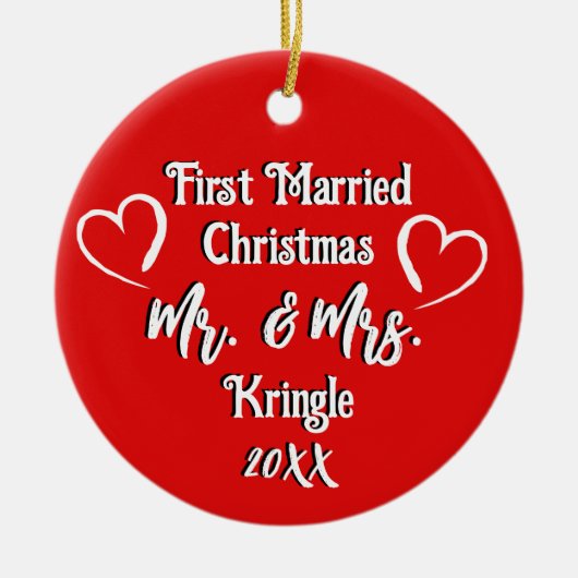 Eerste getrouwde Kerstmis Gepersonaliseerde Trouwd Keramisch Ornament (Voorkant)