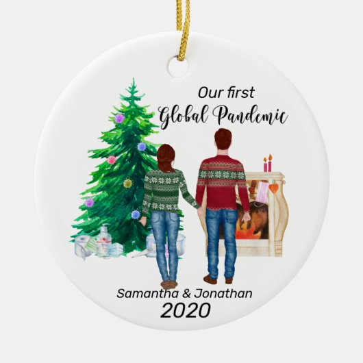 Eerste Global Pandemic 2020 Couple Brown Hair Keramisch Ornament (Voorkant)