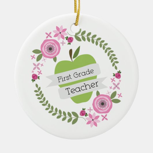 Eerste graad Leerleraar Groen Apple Floral Wreath Keramisch Ornament (Voorkant)
