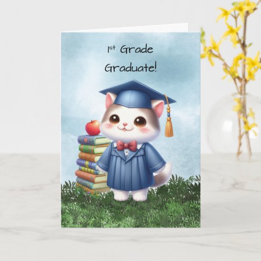 Eerste Grade Afstuderen Meisje Kat Gefeliciteerd Kaart (Gele Bloem)