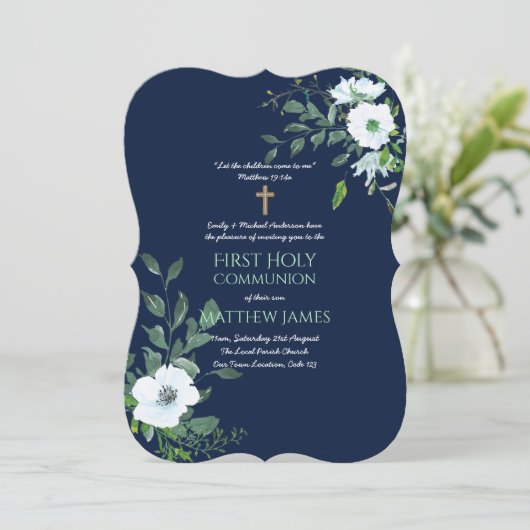 EERSTE H. Communie bloemen navy met tekst Kaart (Staand voorkant)