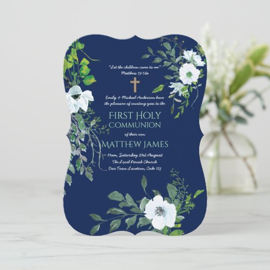 EERSTE H. Communie bloemen navy met tekst Kaart (Staand voorkant)