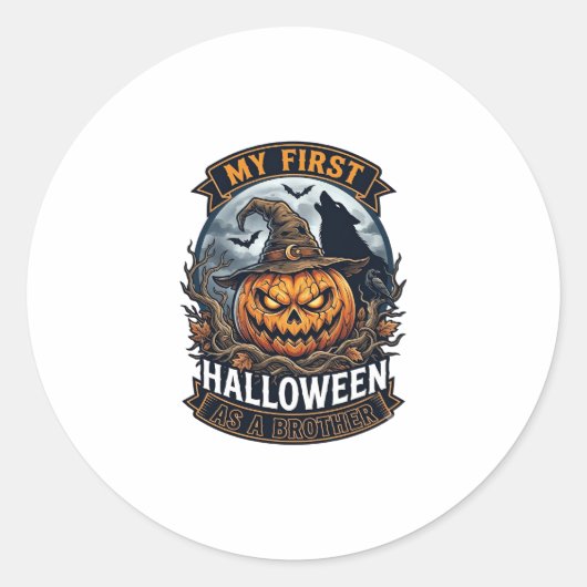 Eerste Halloween Als Broeder Pompoen Wolf Maan_1 Ronde Sticker (Voorkant)