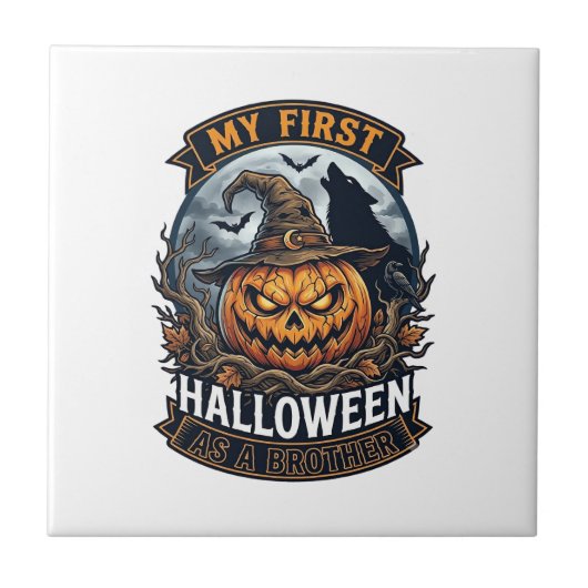 Eerste Halloween Als Broeder Pompoen Wolf Maan_1 Tegeltje (Voorkant)
