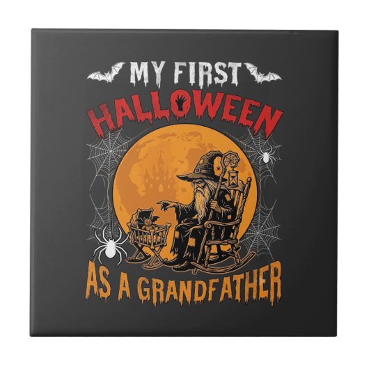 Eerste Halloween als Grootvader Tovenaar Vleermuis Tegeltje (Voorkant)