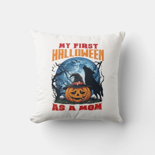 Eerste Halloween Als Moeder Pompoen Wolf Maan_1 Kussen (Voorkant)