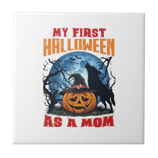 Eerste Halloween als Moeder Pompoen Wolf Maan_1 Tegeltje (Voorkant)