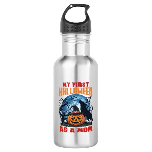 Eerste Halloween als Moeder Pompoen Wolf Maan_1 Waterfles (Voorkant)