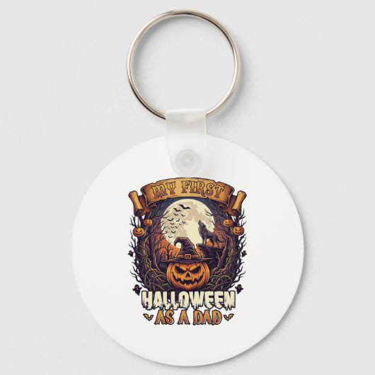 Eerste Halloween als papa Pompoen Wolf Maan_1 Sleutelhanger (Voorkant)