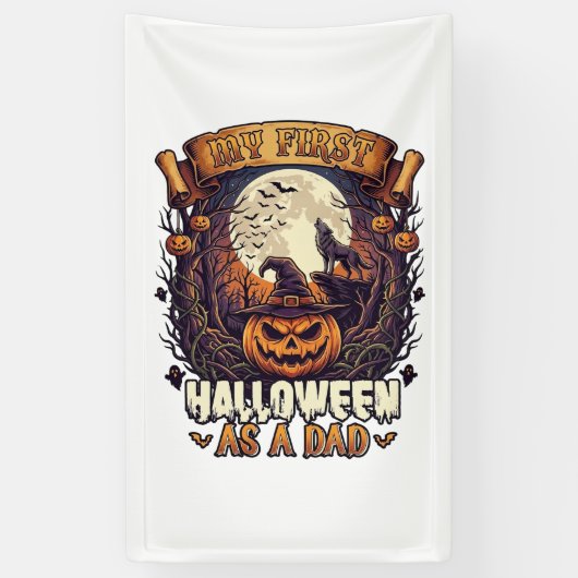 Eerste Halloween Als Papa Pompoen Wolf Maan_1 Spandoek (Verticaal)