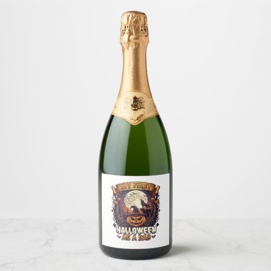 Eerste Halloween Als Papa Pompoen Wolf Maan_1 Sparkling Wijnetiket (Voorkant)