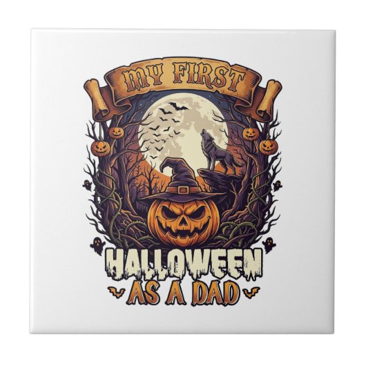 Eerste Halloween Als Papa Pompoen Wolf Maan_1 Tegeltje (Voorkant)