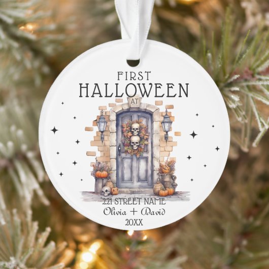 Eerste Halloween at New Home Adres Gepersonaliseer Ornament (Boom)