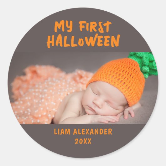 Eerste Halloween Baby Foto grijs Ronde Sticker (Voorkant)