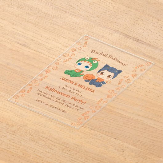 Eerste Halloween Baby Twins Black Cat Dragon Party Acryl Uitnodigingen (Laagn)