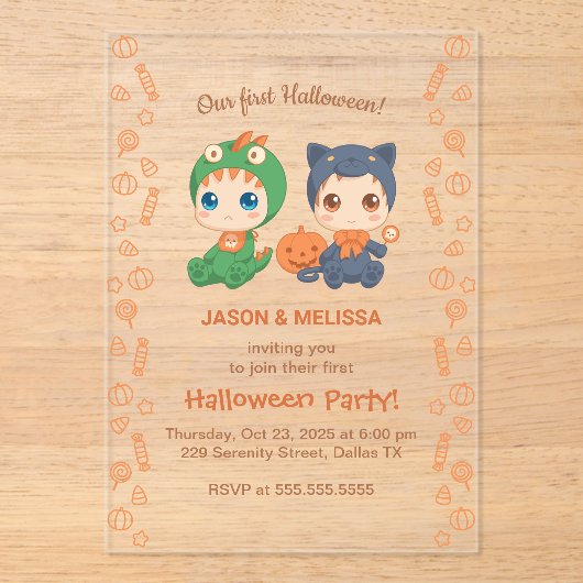 Eerste Halloween Baby Twins Black Cat Dragon Party Acryl Uitnodigingen (Voorkant)
