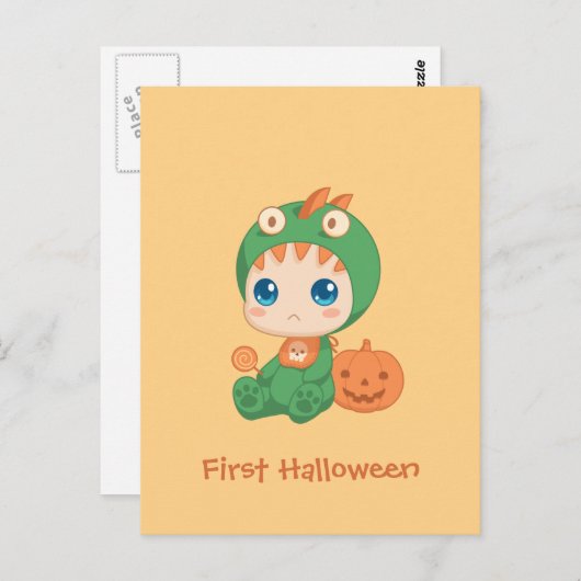Eerste Halloween Cute Baby Dragon Dinosaur Costuum Briefkaart (Voorkant / Achterkant)