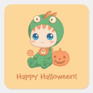 Eerste Halloween Cute Baby Dragon Dinosaur Costuum Vierkante Sticker