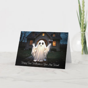 Eerste Halloween in New Home Schattigee spookwijn Feestdagen Kaart