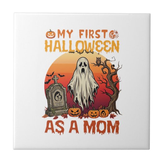 Eerste Halloween Moeder Geest Grafsteen Pompoen_1 Tegeltje (Voorkant)