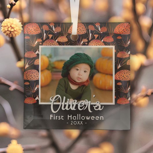 Eerste Halloween Oranje paddenstoel Herfst Foto Glas Ornament